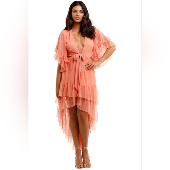 Spell x Coachella Peach High Low Grace Cutout Tulle Midi Dress - Picture 1 of 15